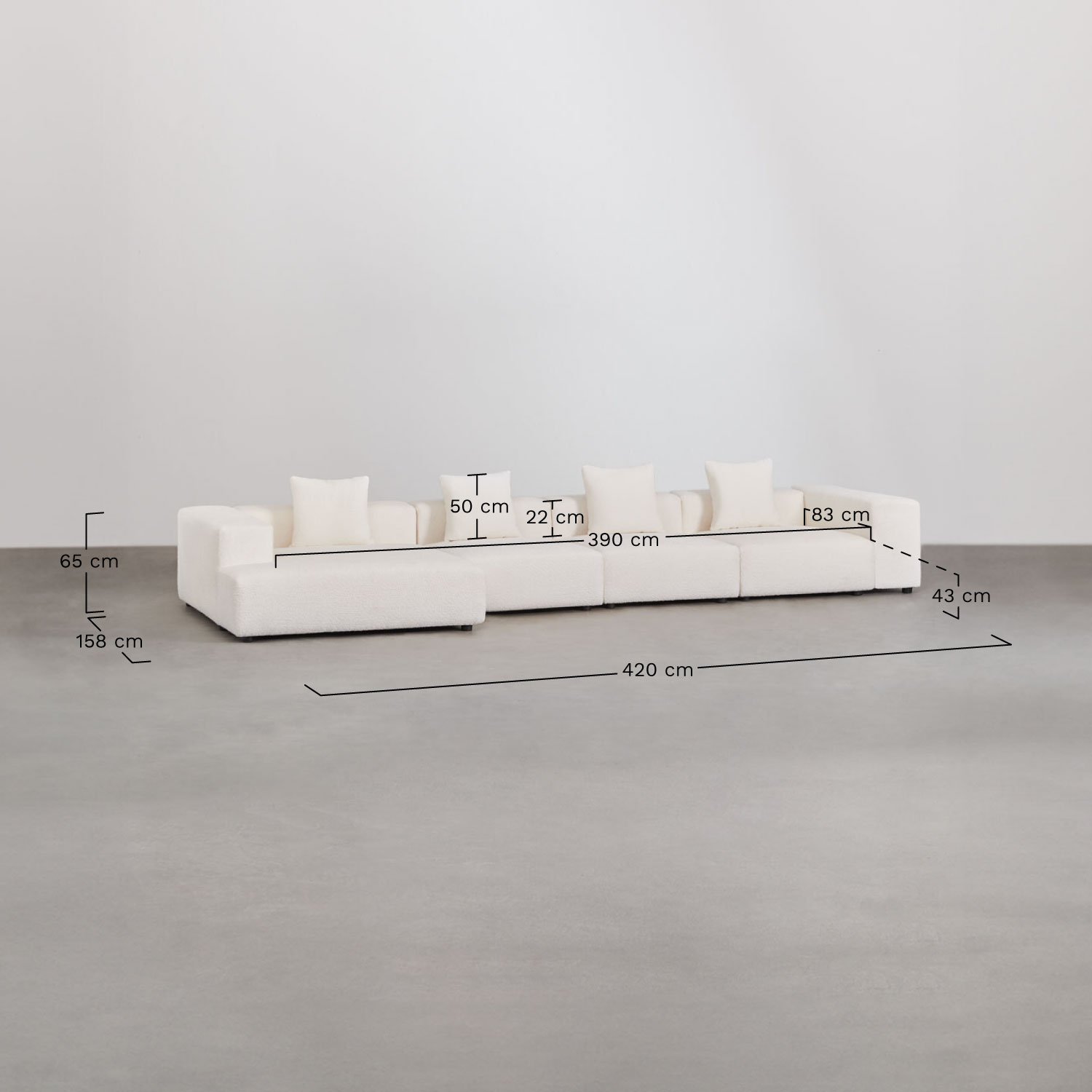 Canapé modulaire avec méridienne gauche de 4 pièces ↔︎420 cm avec accoudoir haut Bruna , mesures