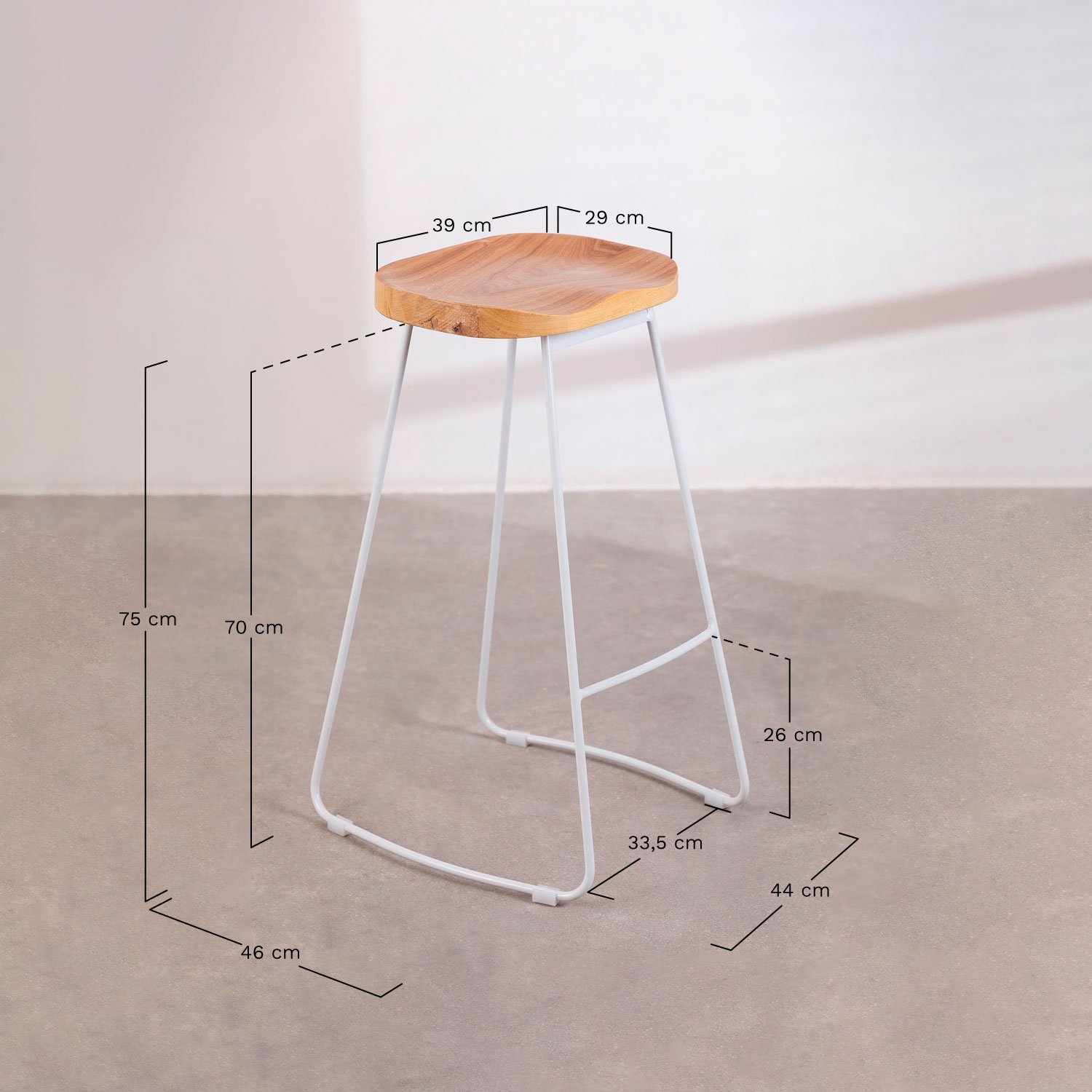 Tabouret haut en acier et bois d'orme Neicol, mesures