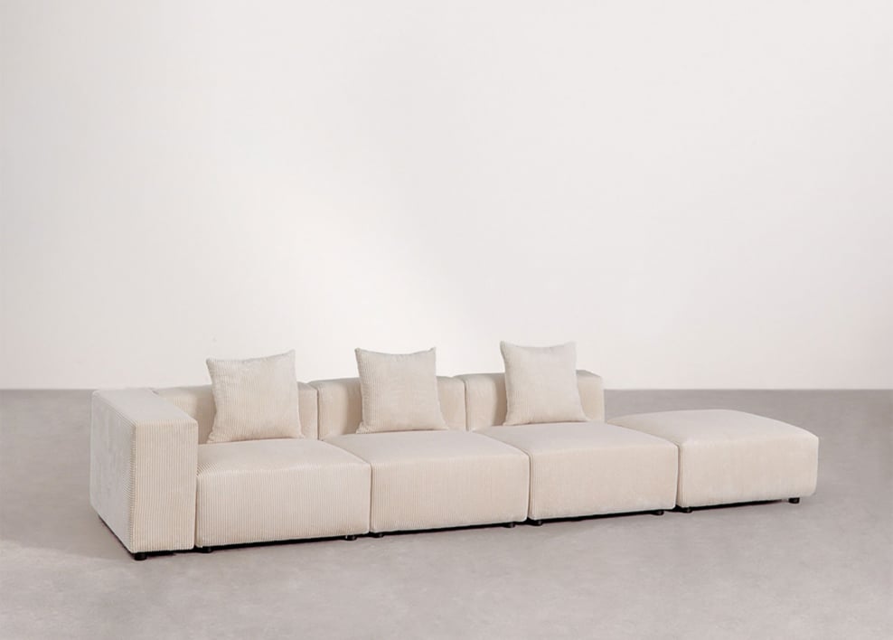 Canapé d'angle modulaire gauche 3 pièces avec accoudoir haut et pouf ↔︎370 cm Bruna - Velours Côtelé Beige Lin