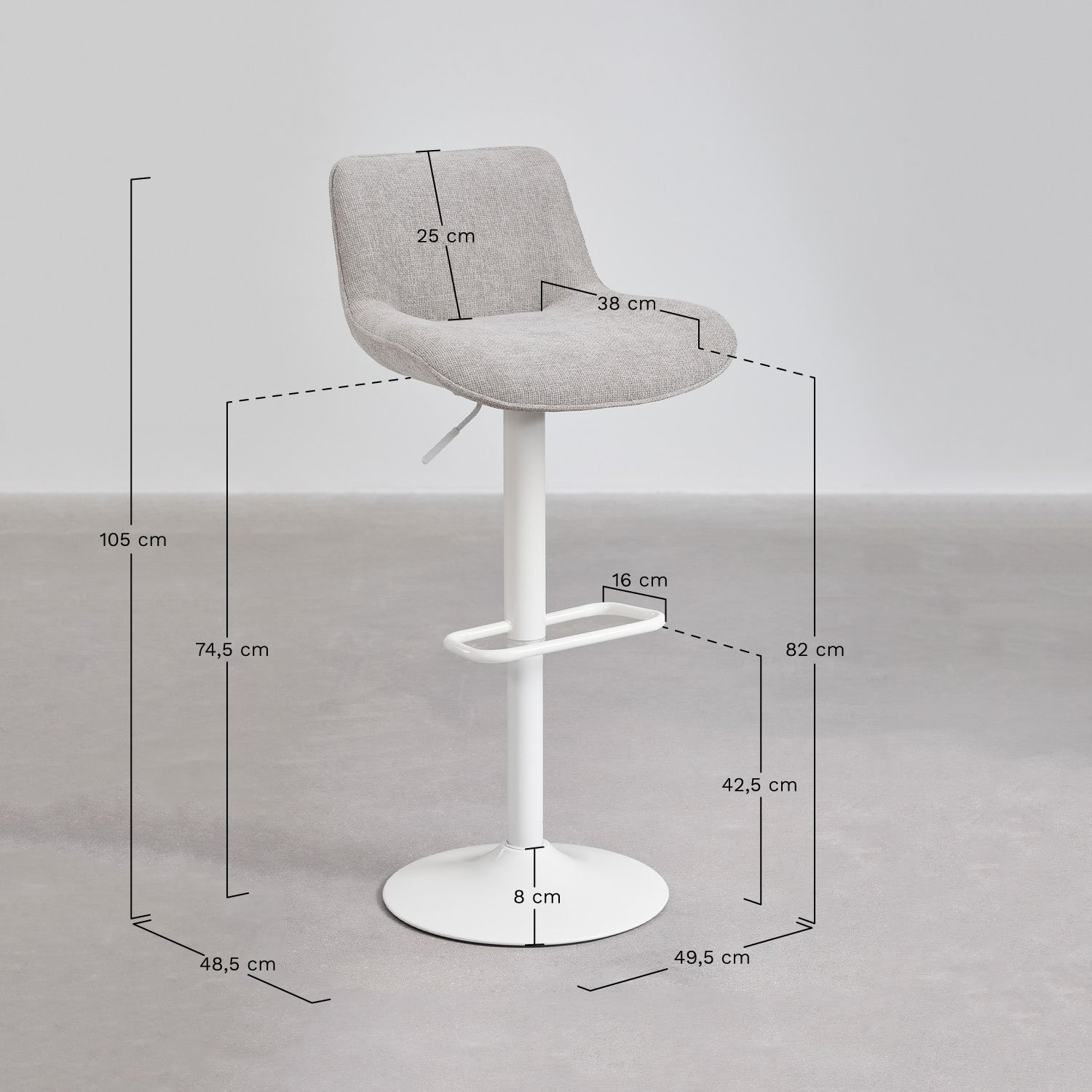 Pack de 4 tabourets hauts réglables avec dossier en métal et tissu Igarasi, mesures