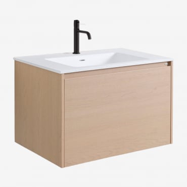 Ensemble De Meuble De Salle De Bain En Bois Avec Lavabo Intégré Jacob Bois Naturel & Sans Miroir & Noir ↑20 Cm - Sklum