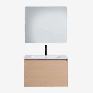 Ensemble De Meuble De Salle De Bain En Bois Avec Lavabo Intégré Jacob Bois Naturel & Rectangulaire Led Et Anti-buée 80x70 Cm - Sklum