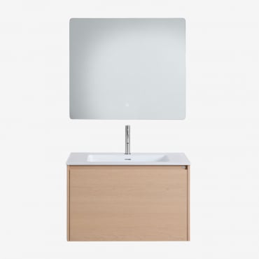 Ensemble Meuble De Salle De Bain Suspendu En Bois Avec Lavabo Intégré Jacob Bois Naturel & Rectangulaire Led Et Anti-buée 80x70 - Sklum