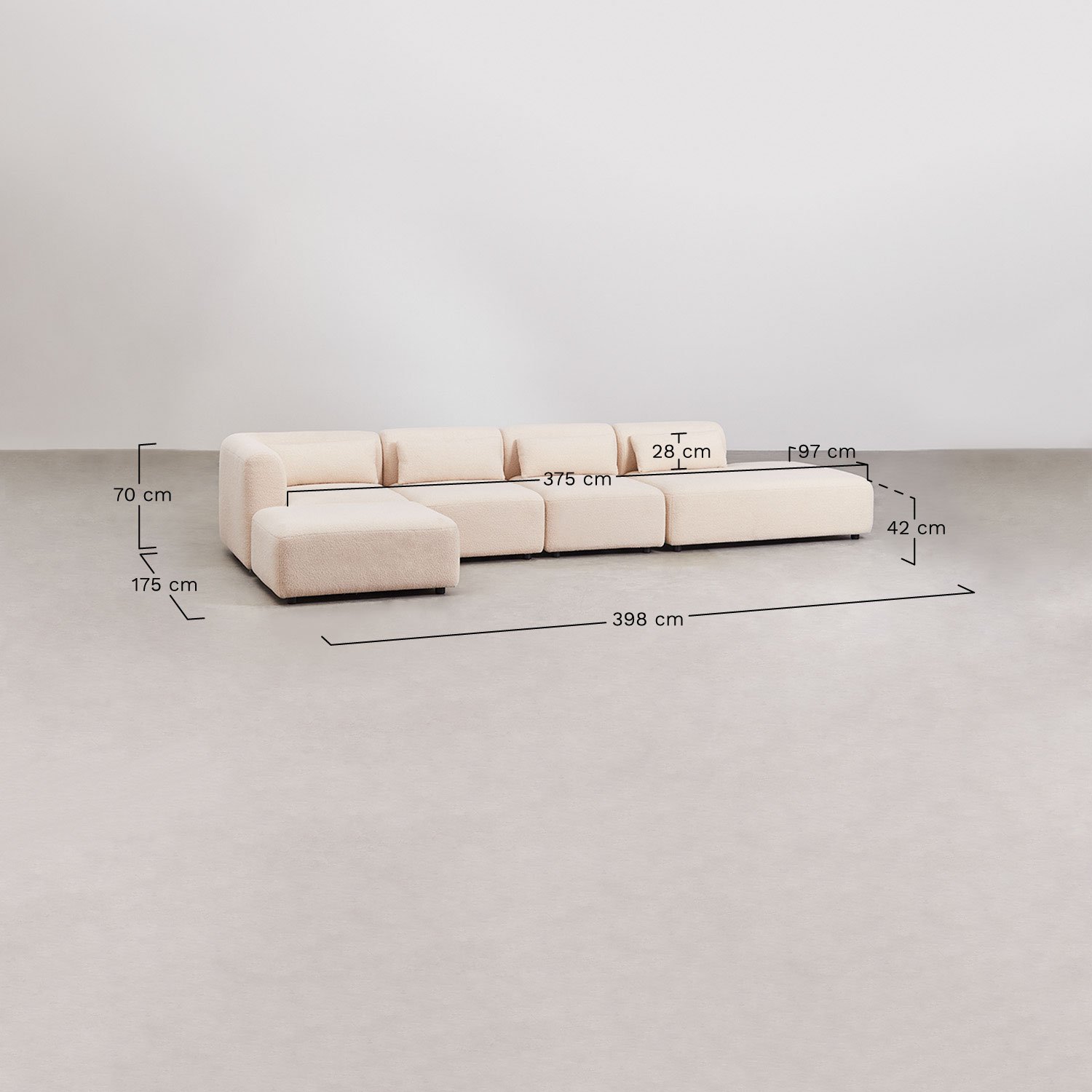 Canapé d'angle modulable 4 pièces avec méridienne droite et pouf Fogler, mesures