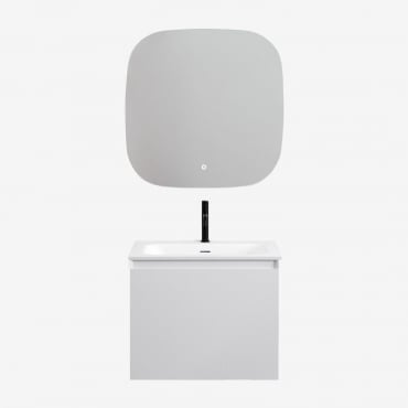 Ensemble De Meuble De Salle De Bain Suspendu En Bois Avec Lavabo Intégré Macrae Blanc & Carré Led Et Antibuée 75x75 Cm Riben & - Sklum
