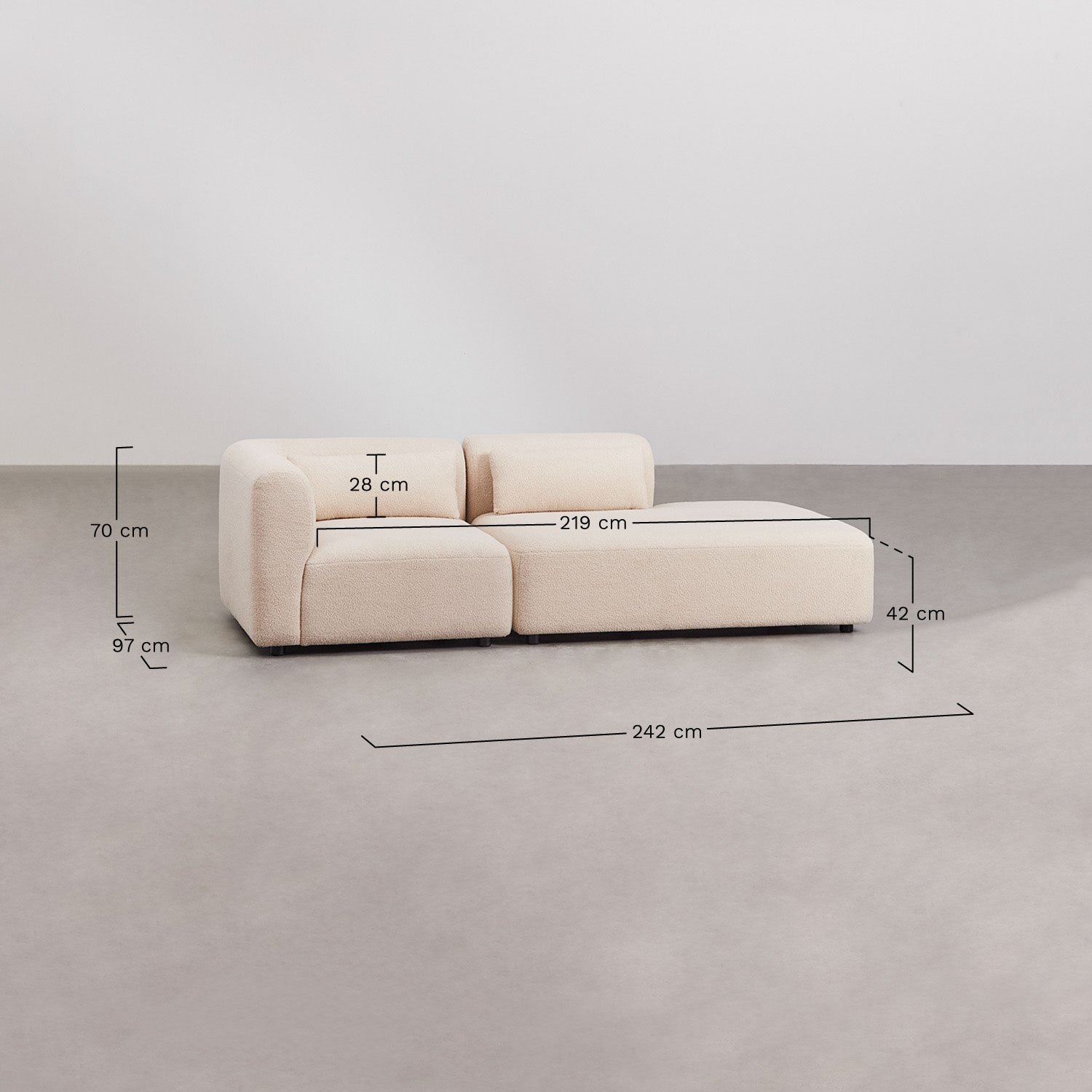 Canapé modulaire d'angle 2 pièces Fogler avec méridienne droite, mesures