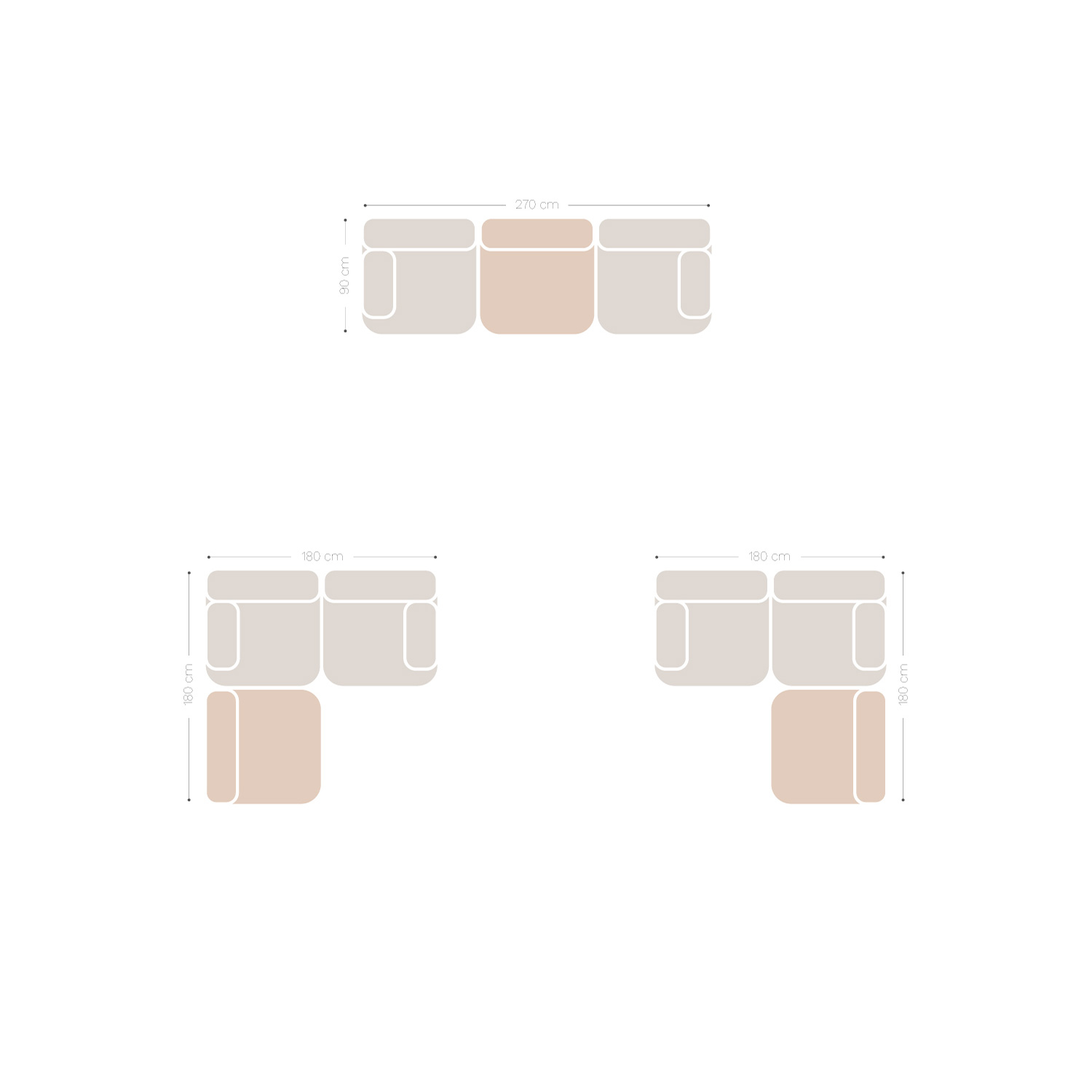 Canapé modulable 3 pièces avec 2 fauteuils d'angle Kata, mesures