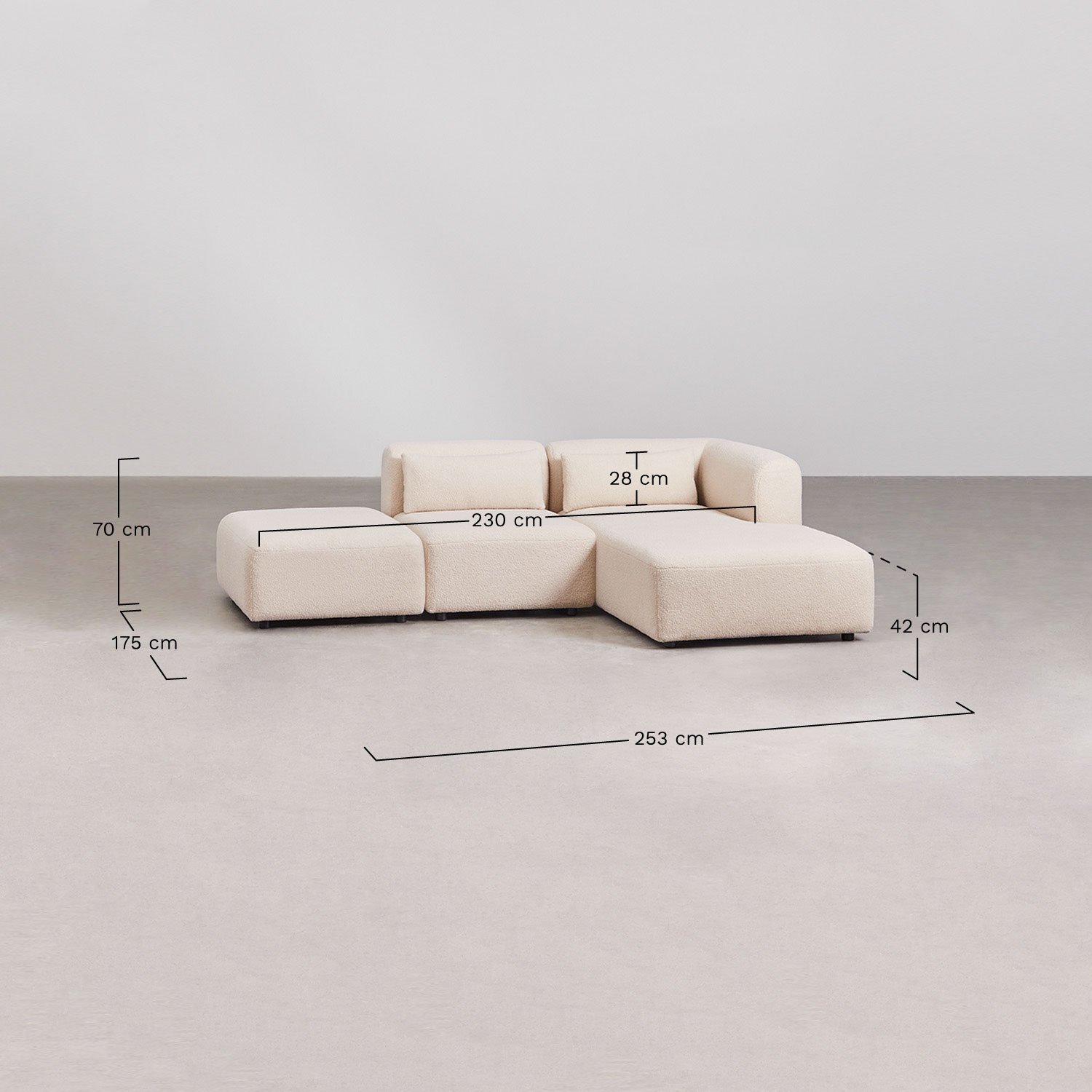 Canapé modulable 2 pièces méridienne droite avec pouf Fogler, mesures