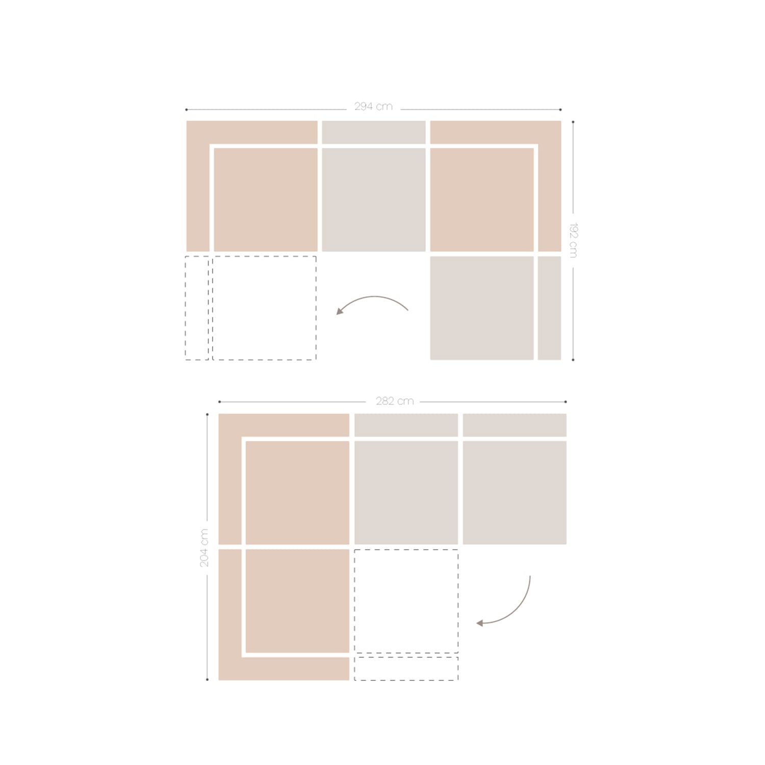 Canapé d'angle modulaire 4 pièces de style Estefan, mesures