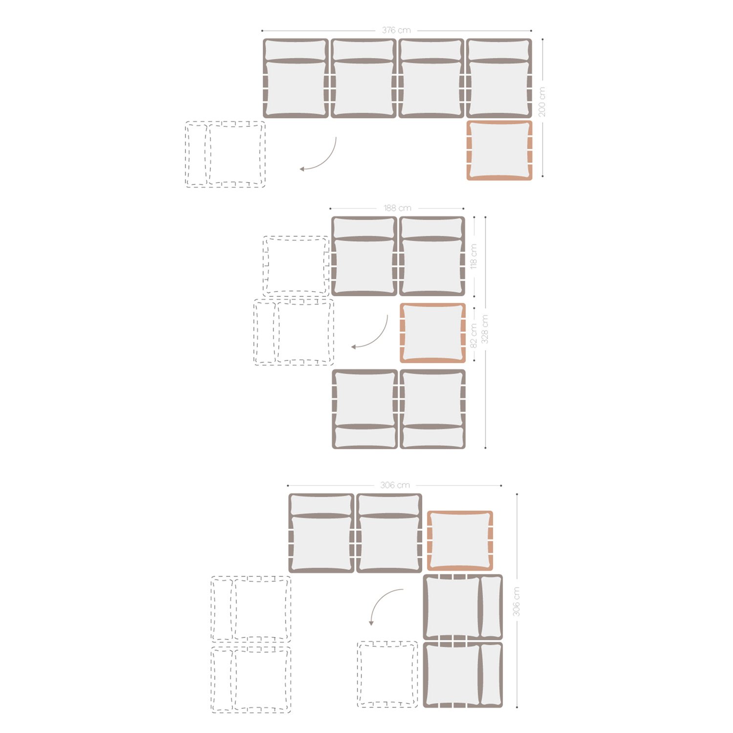 Canapé inclinable modulaire 4 pièces avec pouf en bois d'acacia Brina, mesures
