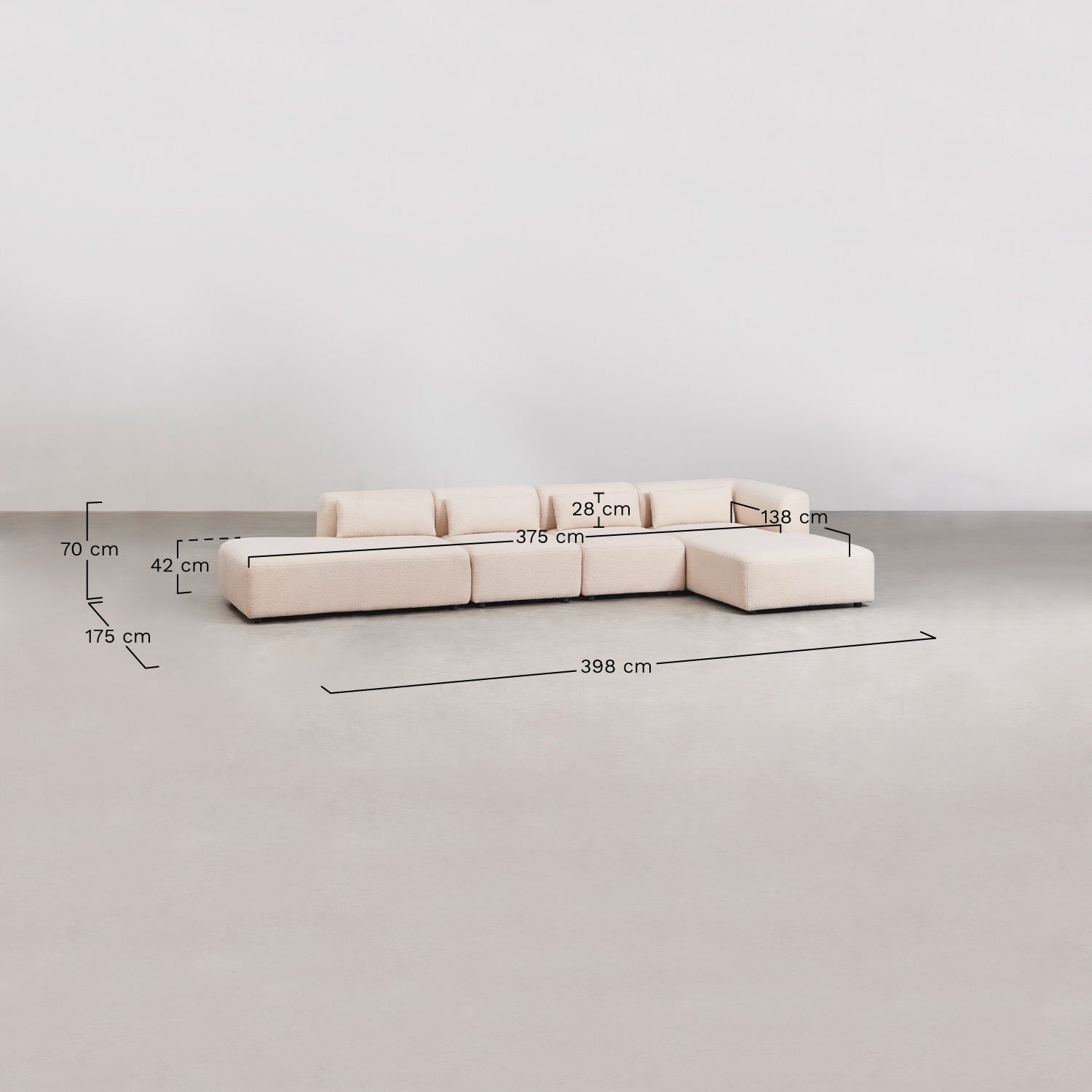 Canapé modulaire avec méridienne d'angle droit 4 pièces avec méridienne Fogler, mesures