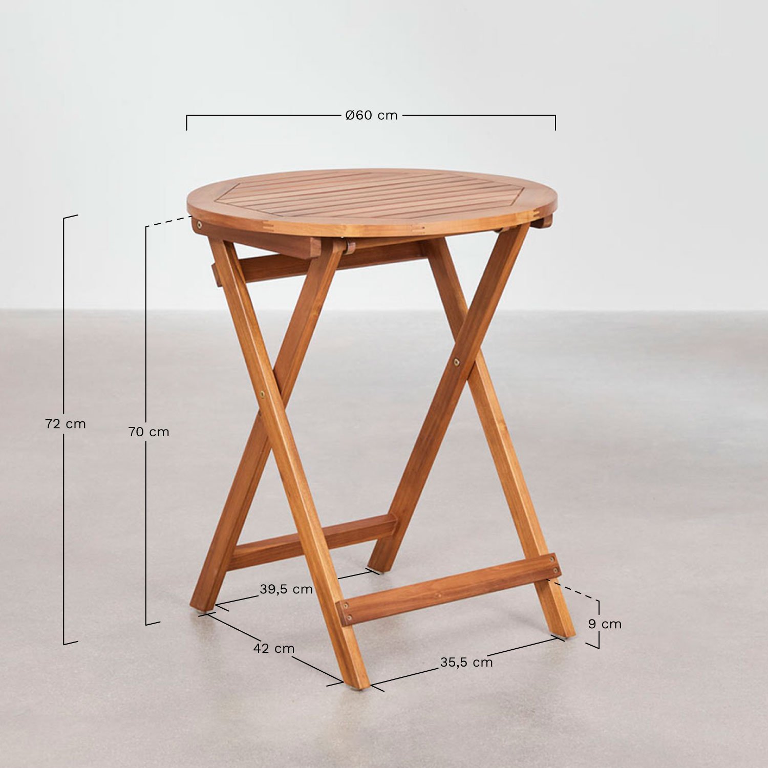 Table de jardin ronde Ø60 cm pliable en bois d'acacia Delawer, mesures