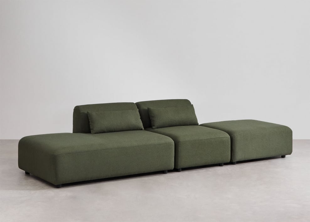 Canapé modulable 2 pièces avec méridienne gauche et pouf Fogler - Chenille Vert Sauge
