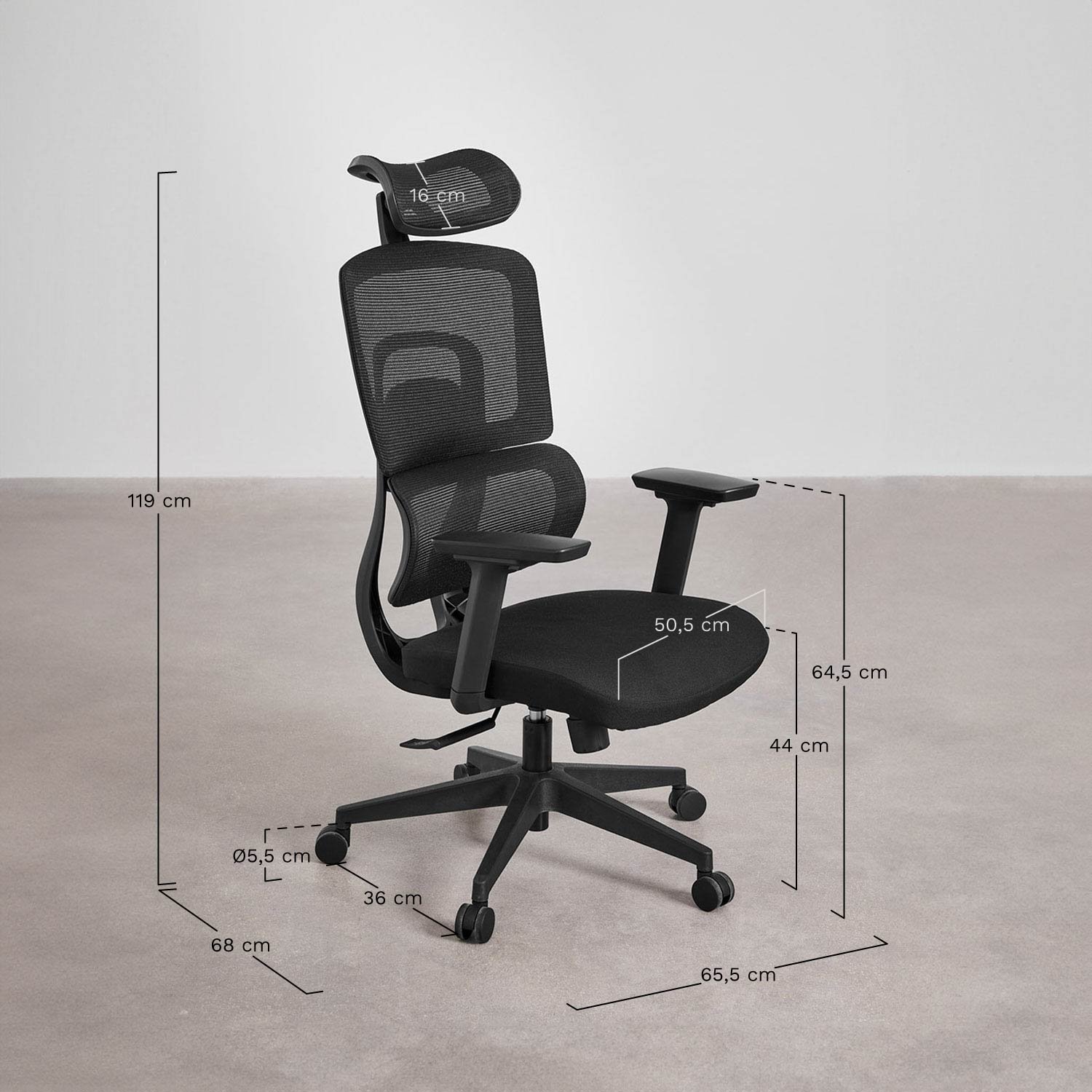 Chaise de bureau avec roulettes et accoudoirs Vignes, mesures