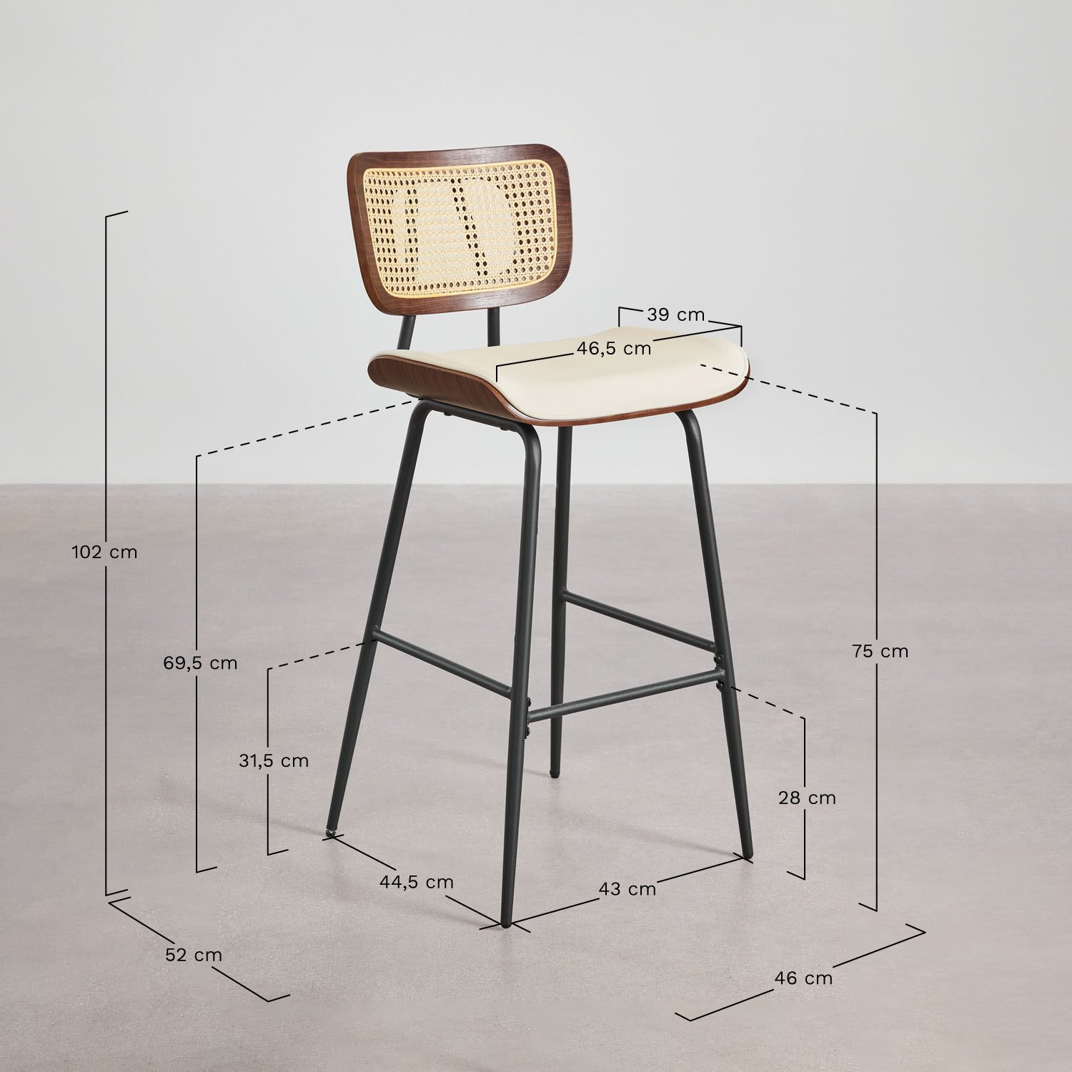 Lot de 2 tabourets hauts en bois, rotin et similicuir Raysa, mesures