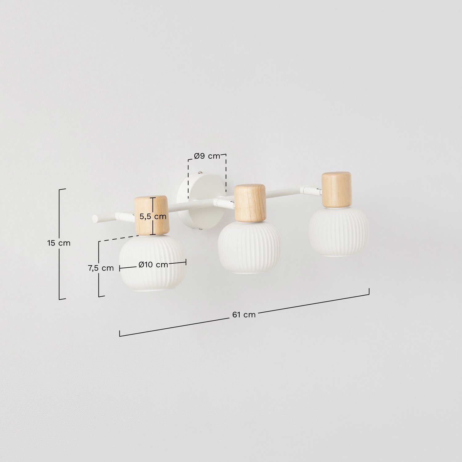 Applique 3 points lumineux en fer, bois d'hévéa et verre Ekaizy , mesures