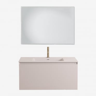 Ensemble De Meuble De Salle De Bain Suspendu En Bois Avec Lavabo Intégré Macrae Beige Lin & Rectangulaire Led Et Anti-buée - Sklum