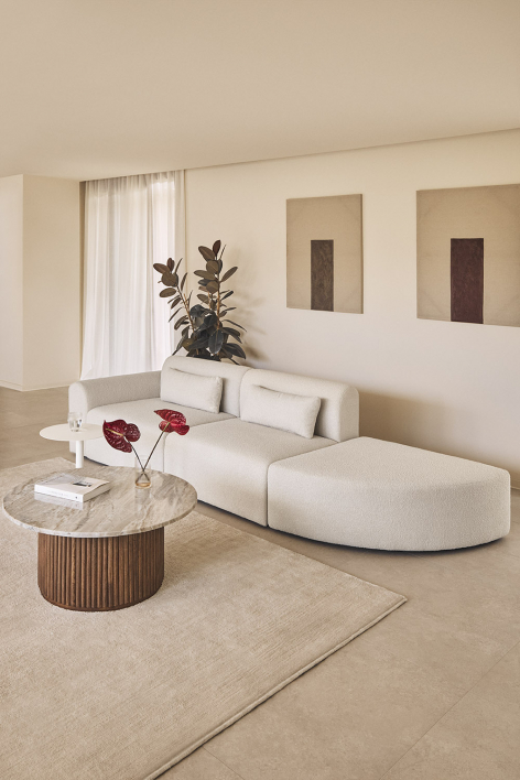 Canapé modulable d'angle gauche 2 pièces avec pouf triangulaire en peau lainée Borjan - Chenille Blanc