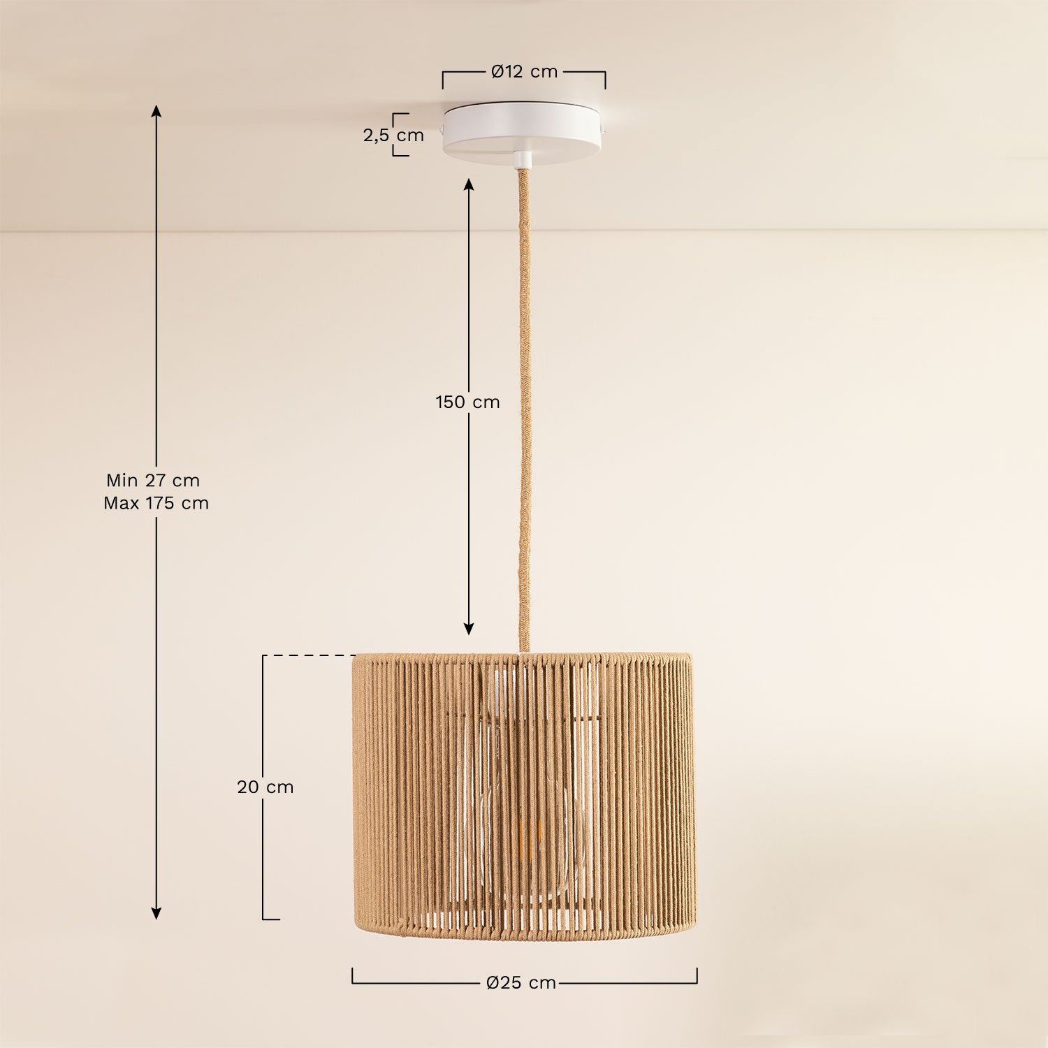 Lampe de plafond en corde de nylon Uillo, mesures