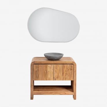 Ensemble De Meubles De Salle De Bain En Bois D'acacia Vacry Brun Acacia & Ciment Gris Rond Ø40 Cm Tarsis & Ovale Led Et Anti-buée 100x65 Cm - Sklum