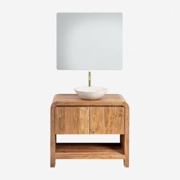 Ensemble De Meubles De Salle De Bain En Bois D'acacia Vacry Brun Acacia & Rond Ciment Blanc Ø40 Cm Zavion & Rectangulaire Led Et Anti-buée - Sklum