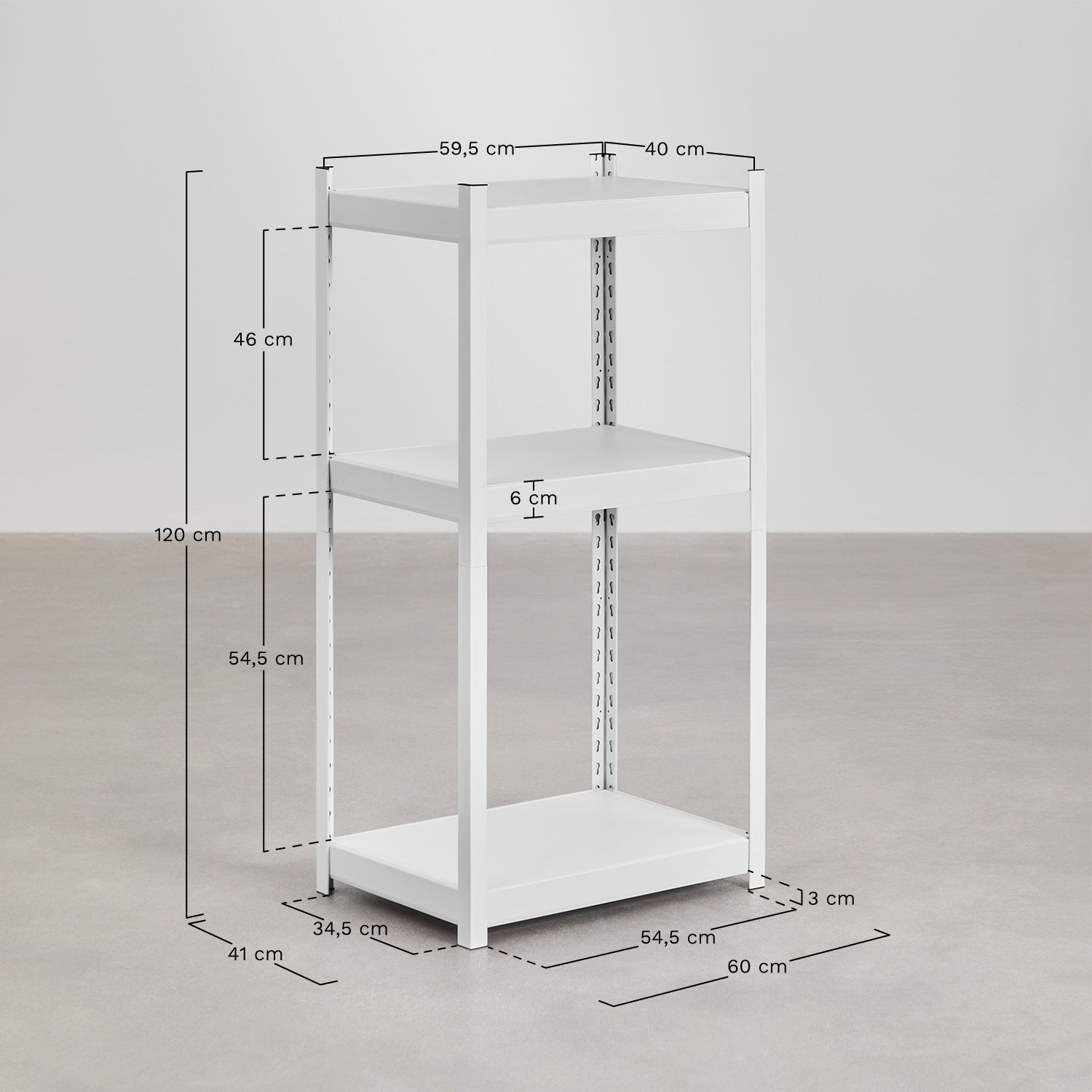 Etagère en acier à 3 étagères (120x60 cm) Crenzi, mesures