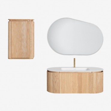 Ensemble De Meuble De Salle De Bain Suspendu En Bois Avec Lavabo Intégré Carsone Bois Naturel & Bois Naturel & Ovale Led Et Anti-buée - Sklum