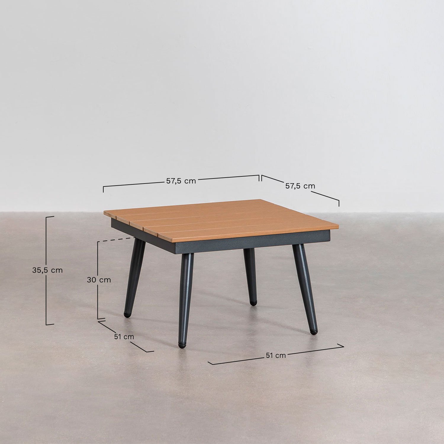 Salon de jardin avec canapé d'angle 4 places et table basse en aluminium et bois Nadi, mesures