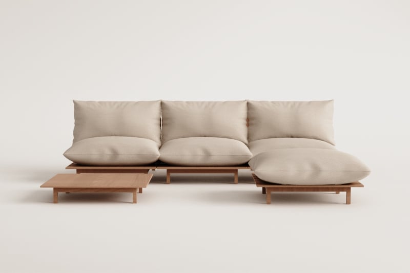 Ensemble de salon avec canapé modulaire inclinable 3 pièces, table basse et pouf en bois d'acacia Brina