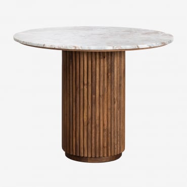 Table À Manger Ronde Giselda En Pierre Naturelle Et Bois De Manguier Marbre & Ø100 Cm - Sklum