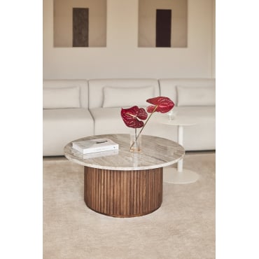 Table basse ronde Ø90 cm en marbre et bois de manguier Giselda