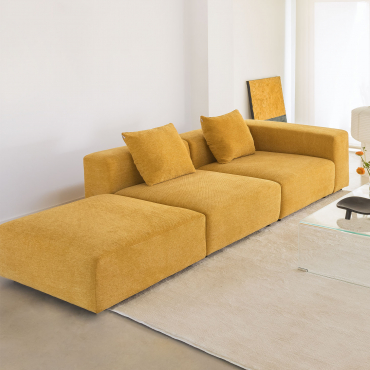 Canapé D'angle Modulaire Droit 2 Pièces Avec Accoudoir Haut Et Pouf (↔︎285 Cm) Bruna Tissu Chenille Moutarde - Sklum
