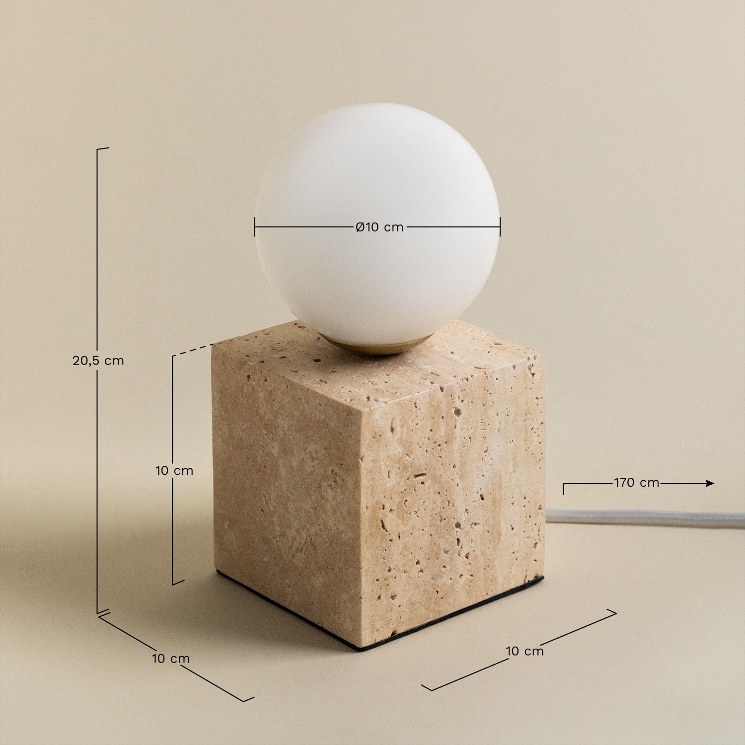 Lampe de table en travertin avec boule de cristal Davise, mesures