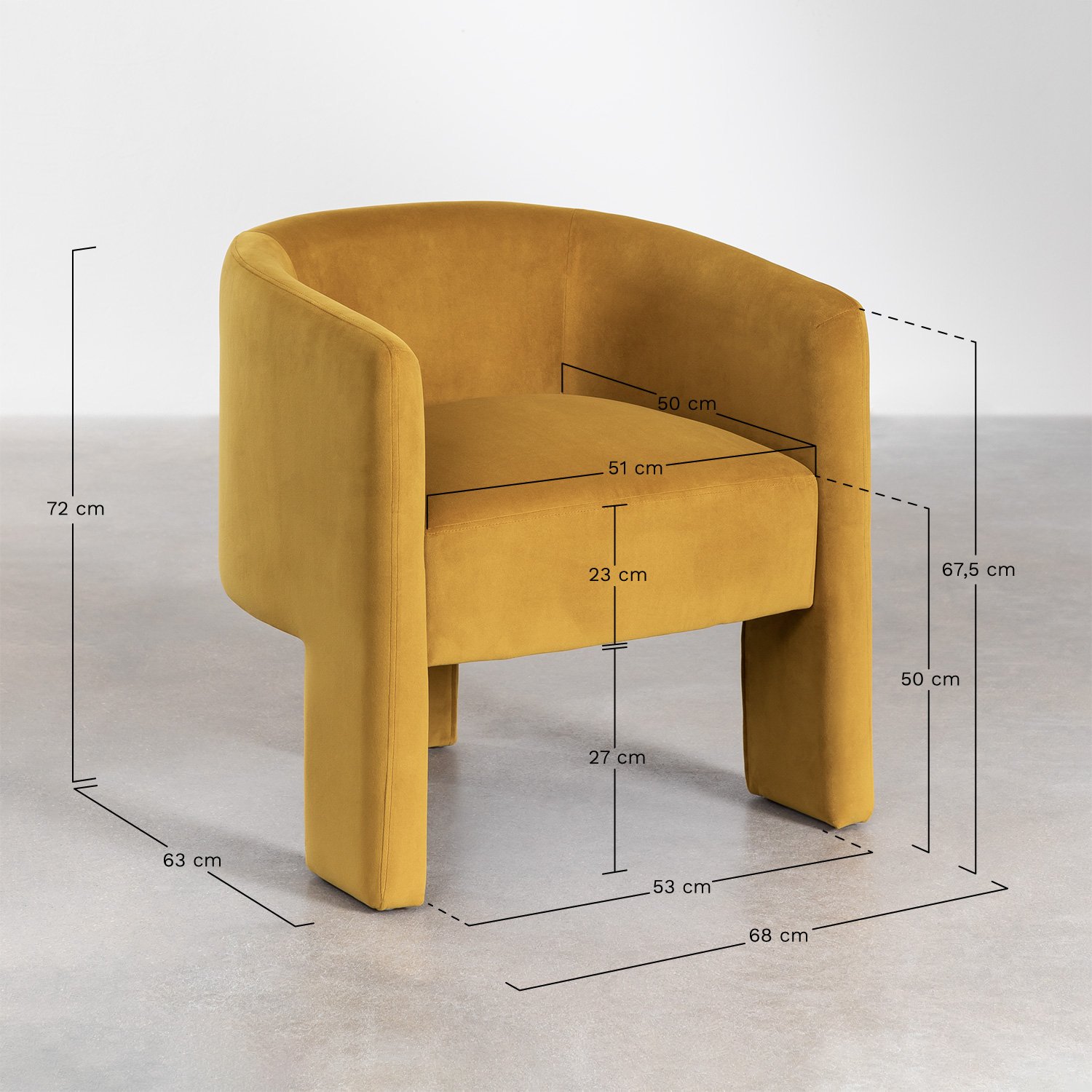 Set de table ronde Ø120 cm en marbre et bois de manguier Giselda et 4 chaises de salle à manger en velours Xastru, mesures