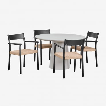 Ensemble Table Ronde En Ciment (ø120 Cm) Noemi Et 4 Chaises De Salle À Manger En Bois De Chêne Et Corde Tressée Mara Gris Sable - Sklum