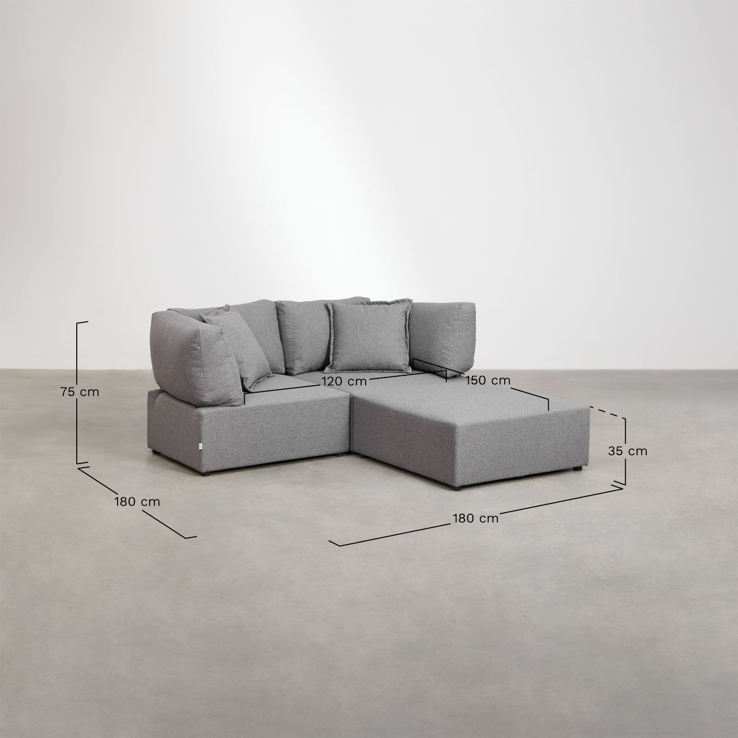 Canapé modulable 2 pièces avec 2 fauteuils d'angle et pouf Kata , mesures