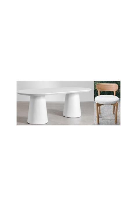 Ensemble de table ovale 220x95 cm en ciment Noemi et 10 chaises de salle à manger en bois de chêne et chenille Bianca