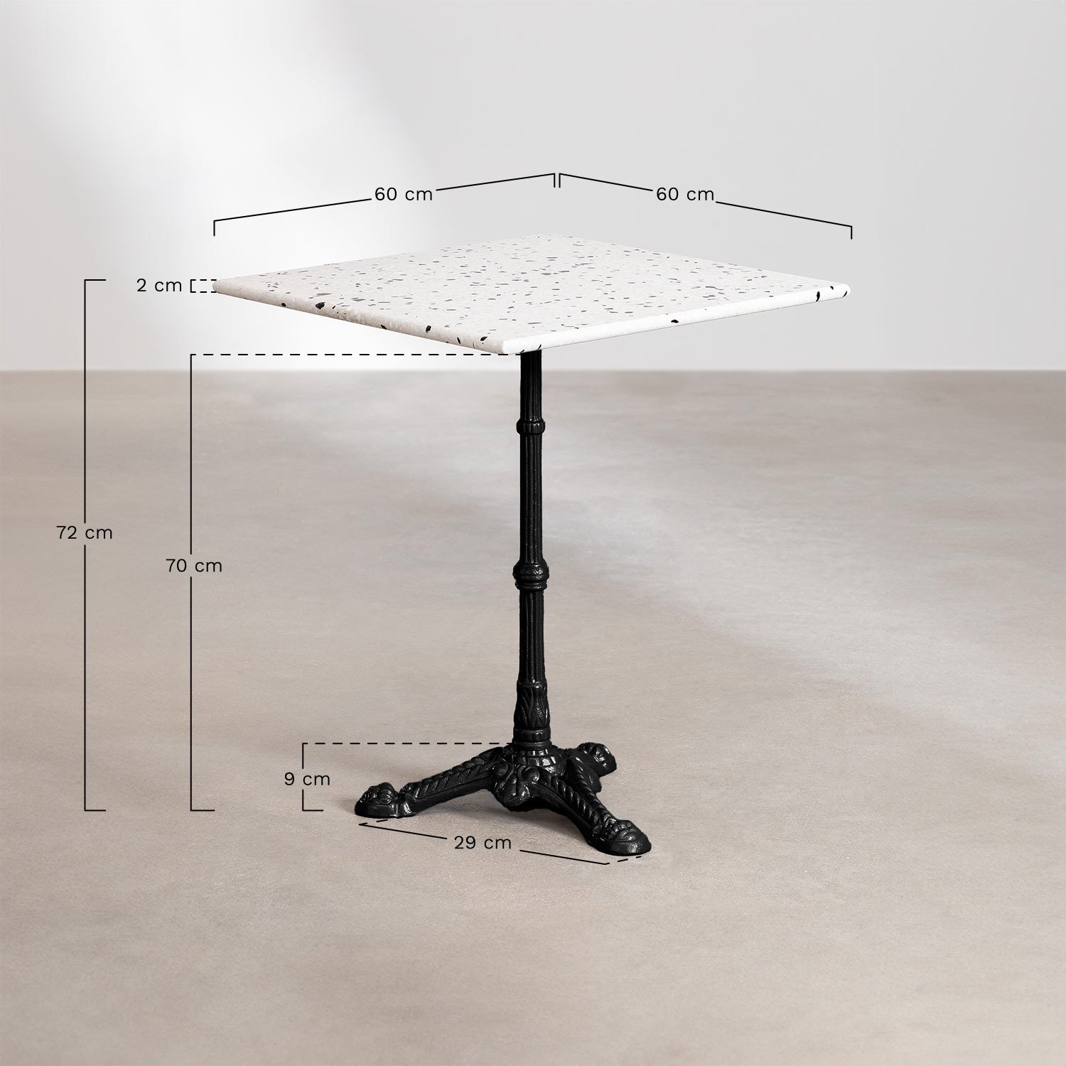 Table de bar Vertuo en terrazzo, mesures