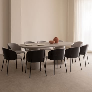 Ensemble De Table Ovale 220x95 Cm En Ciment Noemi Et 10 Chaises De Salle À Manger En Bois Rembourrées Amieva Gris Sable & Tissu Gris Taupe Clair -
