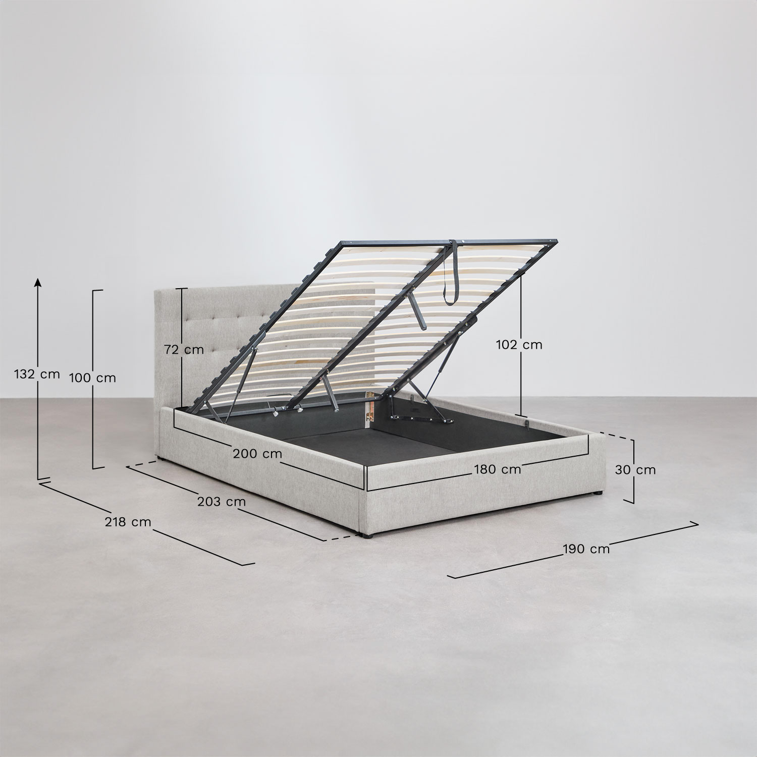 Lit rembourré Abiel avec sommier de rangement rabattable, mesures