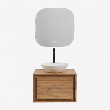 Ensemble De Meubles De Salle De Bain En Bois De Teck Jabari Bois De Teck & Rond Ciment Blanc Ø40 Cm Zavion & Carré Led Et Antibuée 75x75 - Sklum