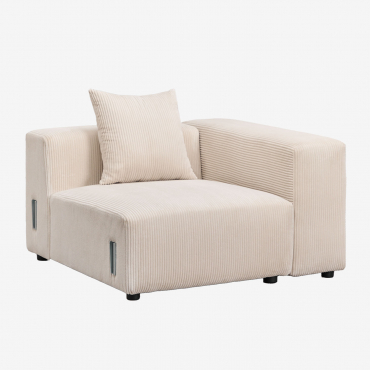 Module D'angle Droit (115x113 Cm) Avec Accoudoir Haut Et Coussin Pour Canapé Modulaire Bruna Velours Côtelé Beige Lin - Sklum