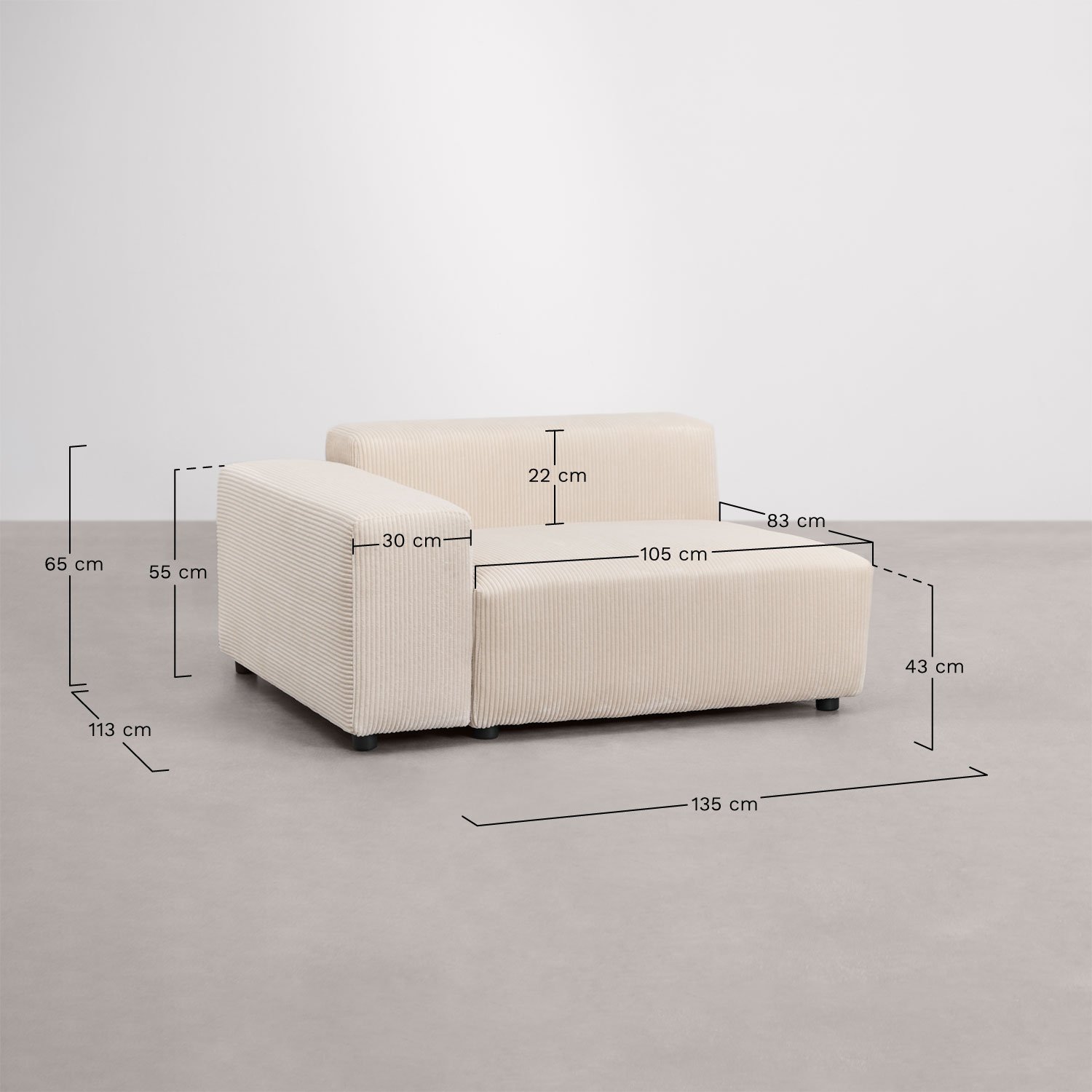 Module d'angle gauche 135x113 cm avec accoudoir bas pour canapé modulaire Bruna, mesures