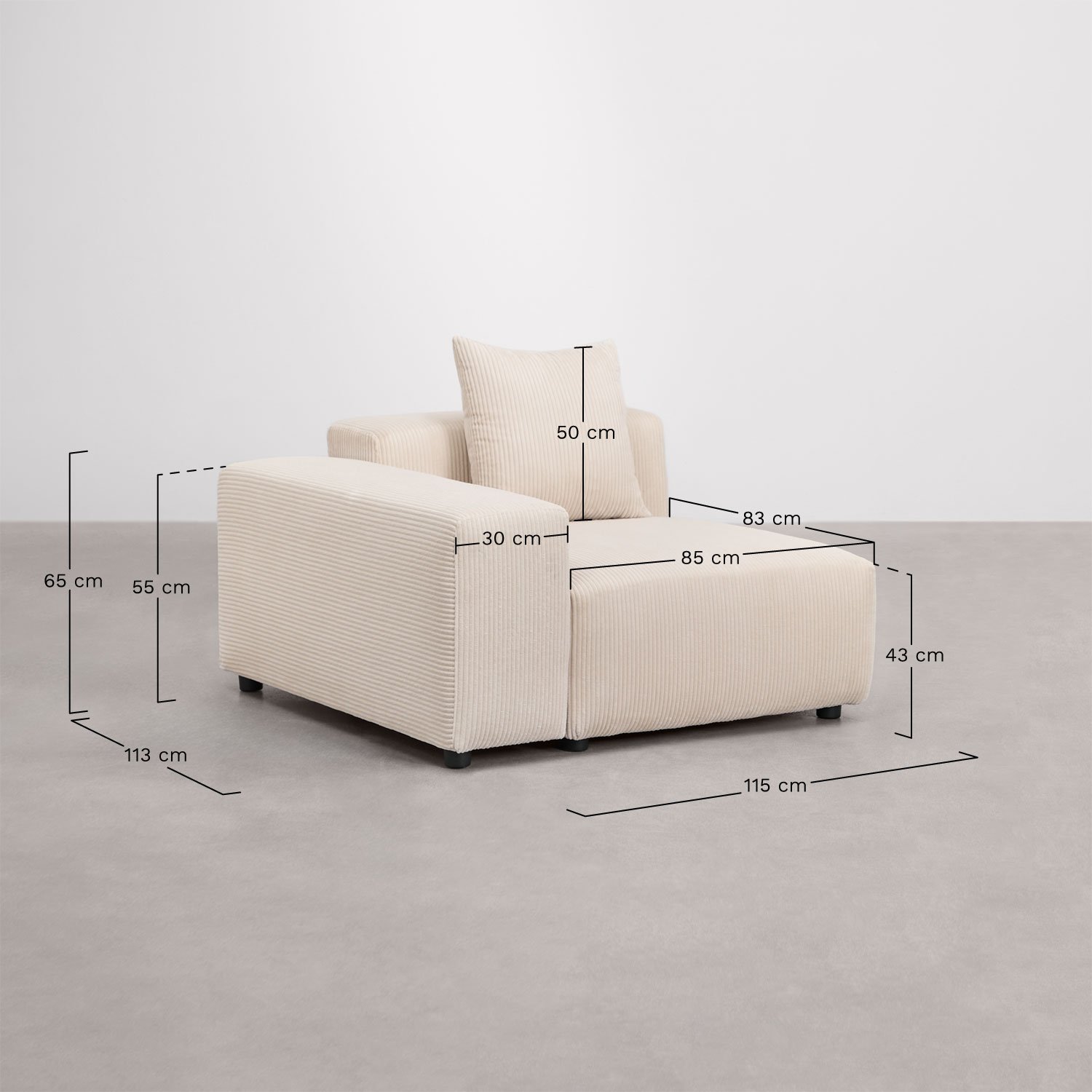 Module d'angle gauche 115x113 cm avec accoudoir bas et coussin pour canapé modulaire Bruna, mesures