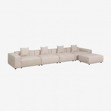 Canapé Modulable 4 Pièces Avec Accoudoirs Bas Et Pouf (↔︎480 Cm) Bruna Velours Côtelé Beige Lin - Sklum