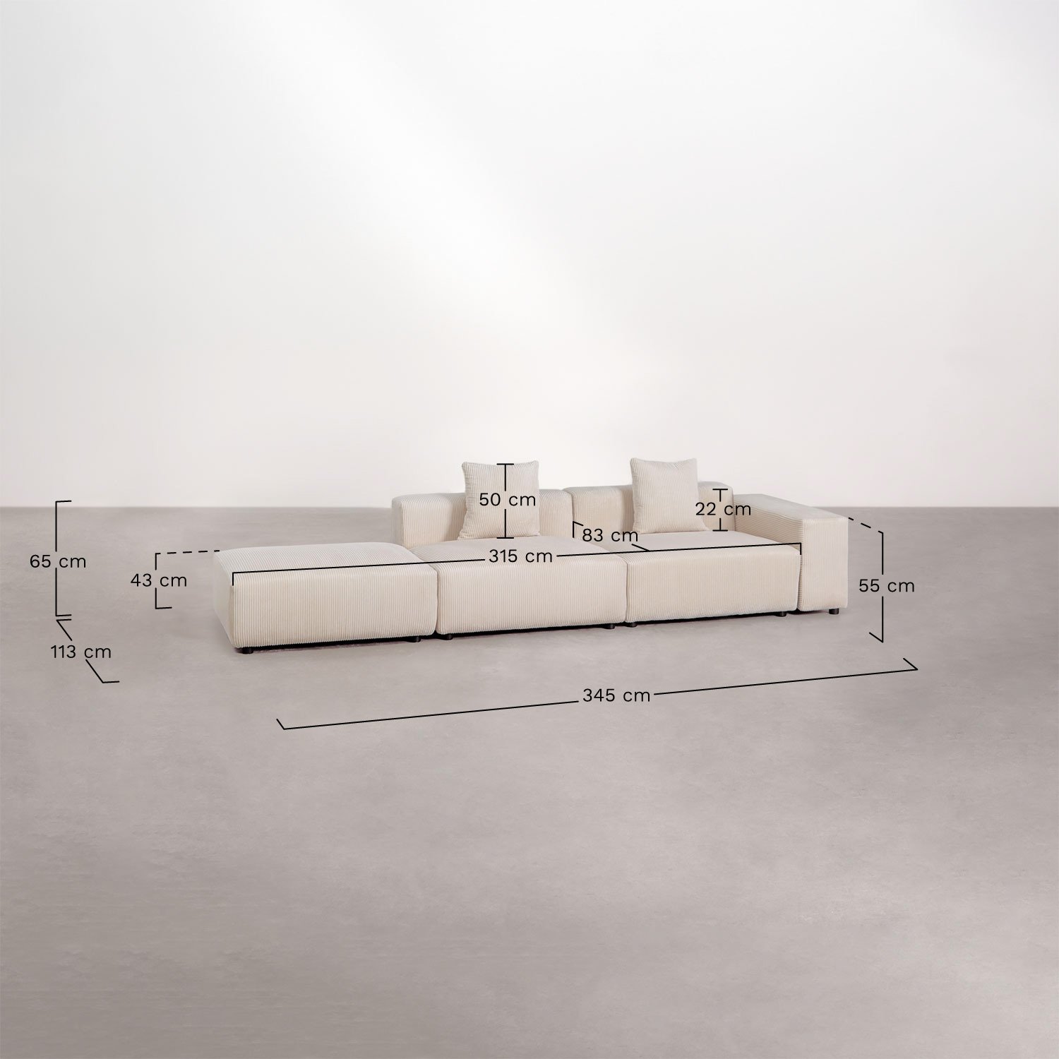 Canapé d'angle modulaire 2 pièces avec accoudoir bas et pouf ↔︎345 cm Bruna, mesures