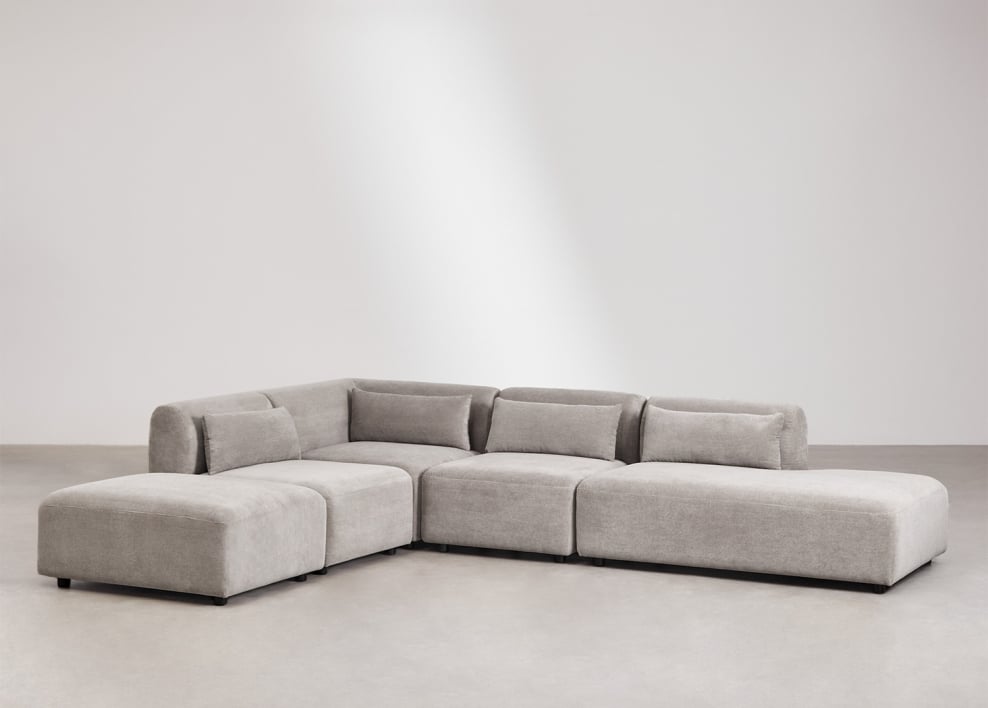 Canapé d'angle modulable 4 pièces avec méridienne droite et pouf Fogler - Velours Côtelé Gris Taupe Clair
