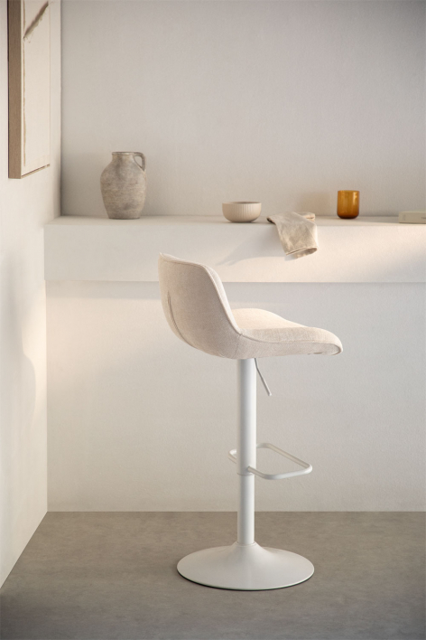 Tabouret haut réglable avec dossier en tissu beige tapioca et pied blanc Igarasi - Blanc - Tapioca Beige