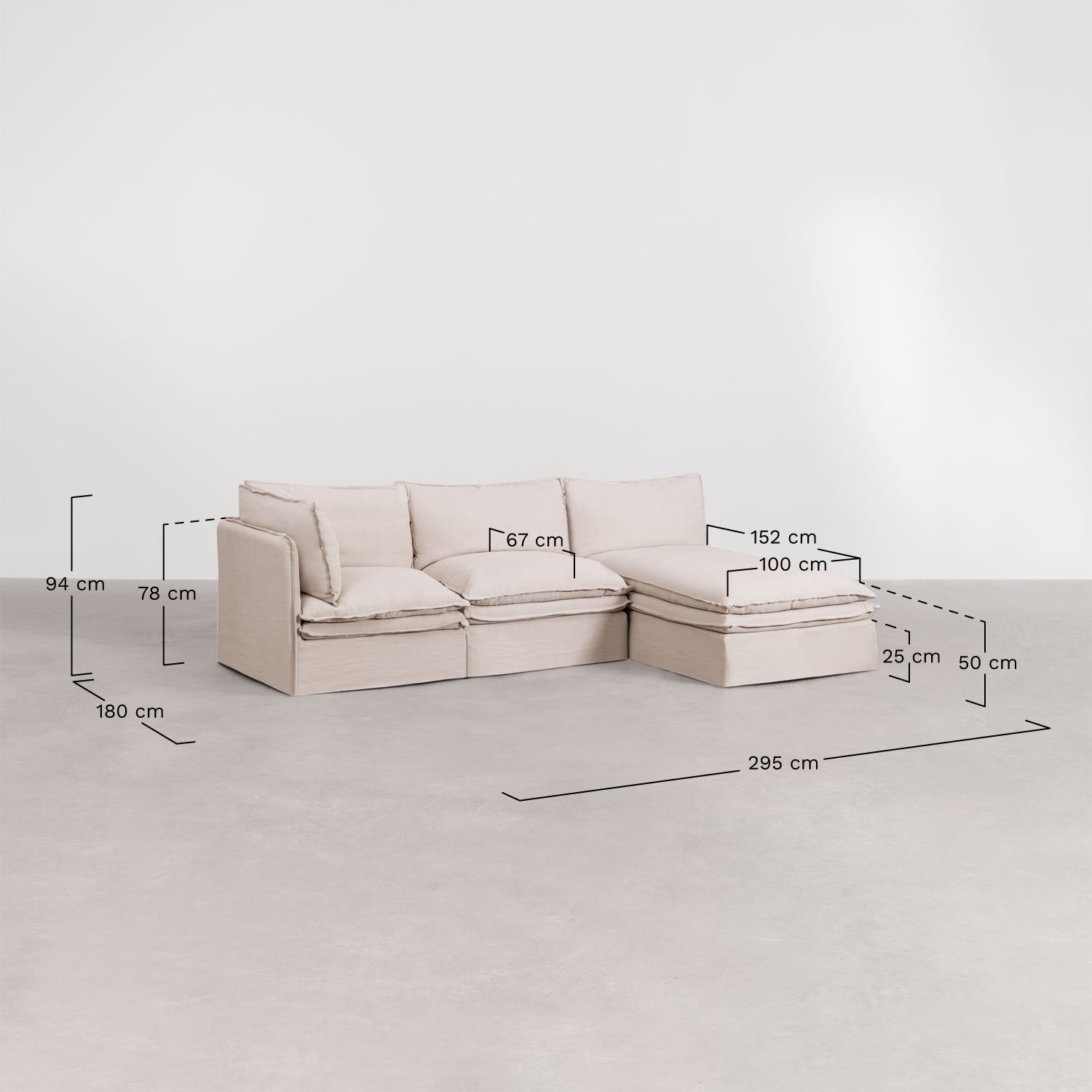 Canapé modulable 3 pièces avec méridienne et pouf en lin et coton Grace, mesures