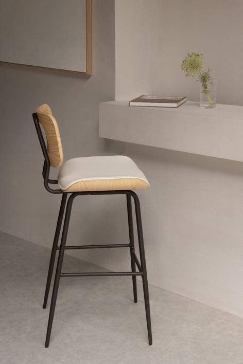 Tabouret haut 75 cm en bois finition naturelle, rotin et similicuir blanc cassé Raysa - Similicuir Blanco Roto